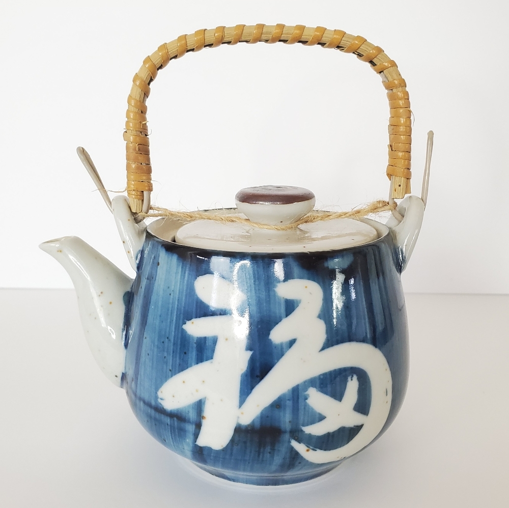Blue & White Ceramic Tea Pot w/ Bamboo Handle